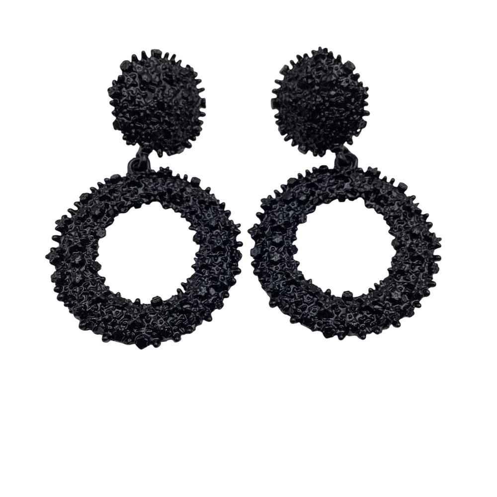 Matte Black Textured Hoop Drop Earrings Statement Geometric‎ Post Back Jewelry